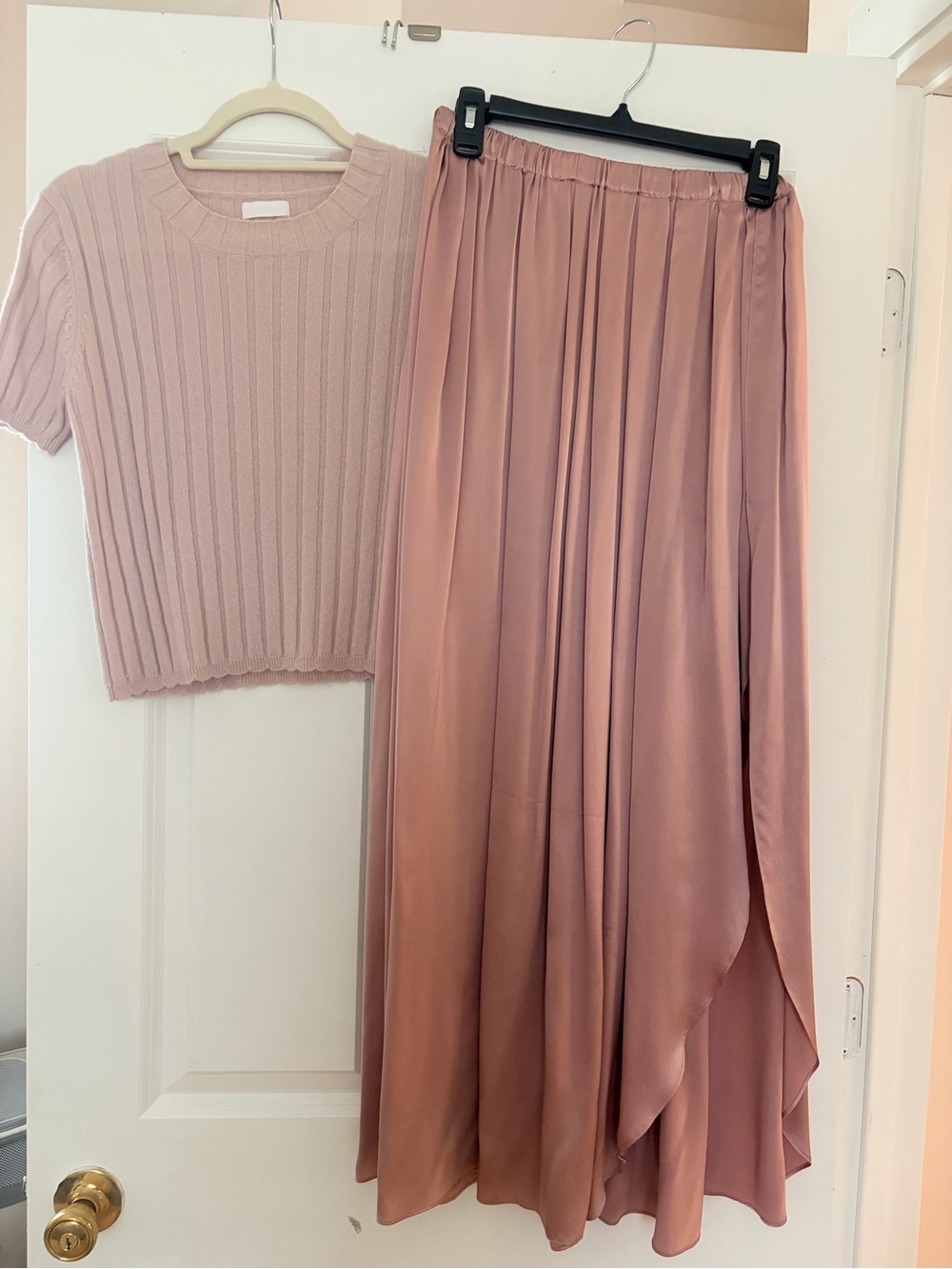 Sablyn Women's Blush Pink Satin Maxi Skirt and Cashmere Top Set Lilac
